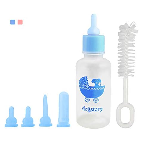 Si-maker 60ML Newborn Pet Small Dog Puppy Cat Kitten Kitty Rabbit Milk Nursing Feeding Bottle With 4 Replacement Nipples and 1PCS Nipple Brush, Sky Blue Cover