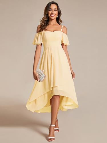Image of Ever-Pretty Women's Summer Cold Shoulder Hi-Lo Asymmetrical Hem Flowy Chiffon Short Wedding Guest Dress 02103