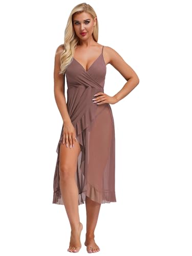 Choomomo Vestido largo de tirantes delgados para mujer, vestido de malla transparente con bragas sin mangas vestido de malla con abertura para mujer, amarillo champán, S