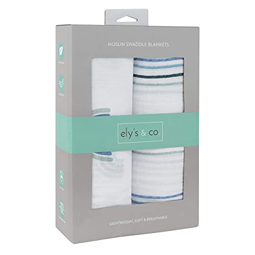 Image of Ely's & Co. Cotton Muslin Swaddle Blanket 2-Pack for Baby Boy - 100% Cotton Muslin Extra-Large Swaddle Blankets (47 inch x 47 inch) Blue Rainbows | Blue Stripes