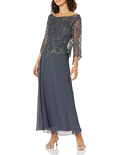 J Kara Women's Petite 3/4 Scallop Beaded Pop Over Gown, Grey/Mercury/Gun, 16P