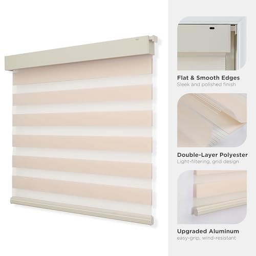 Joydeco No Drill Zebra Blinds for Windows, Cordless Dual-Layer Privacy Zebra Shades for Indoor Windows, Easy to Install, Light Filtering Sheer Blinds for Home (Light Beige, Custom Size)
