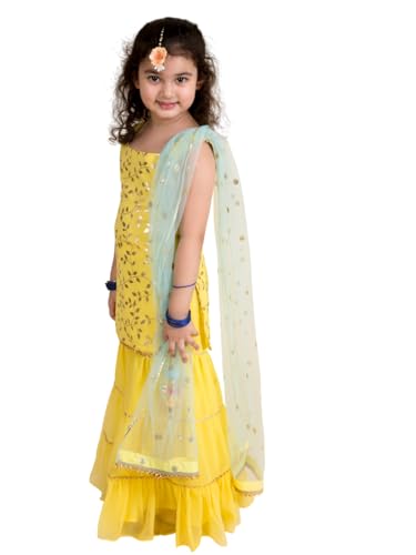 Image of Pspeaches Girls Ethnic Yellow Embroidered Georgette Sleeveless Square Neck Kurti & Sharara with Dupatta 3 Piece Set