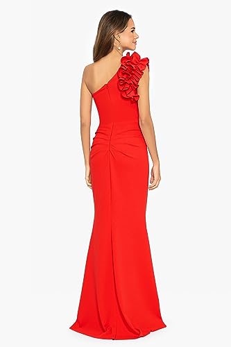 Image of Xscape Women's Xscape Women's One-Shoulder, Floor-Length, Scuba Crepe Dress with Ruffle Detail (Reg and Petite)