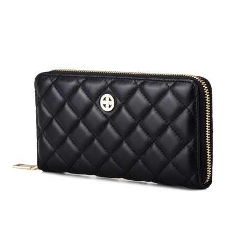 Luxury Black Quilted Leather Long Zipper Wallet Clutch Credit Card Holder Zip Around Wallet Coin Purse Business Card Holder Gift for Women Gift for Girl