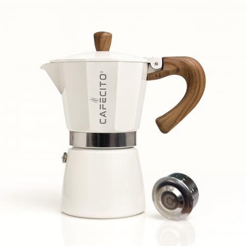 CAFECITO Moka Pot | 6 Espresso Cup Moka Pot – 10 oz Manual Coffee Percolator | Italian Espresso Greca Coffee Maker | Stovetop Espresso Maker | Cafetera | Anti-Splash Valve Cafecito Approved Edition