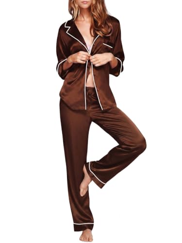 Image of Lonxu Silk Satin Womens Pajama Sets Button Down Sleepwear Loungewear XS~3XL