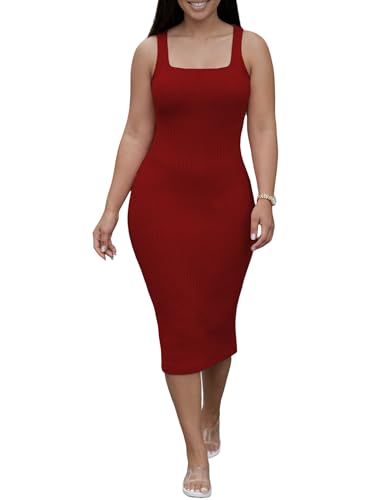 Image of TOPSRANI Women Sexy Midi Dress Bodycon Casual Sleeveless Basic Ruched Tank Summer Club Party Dresses