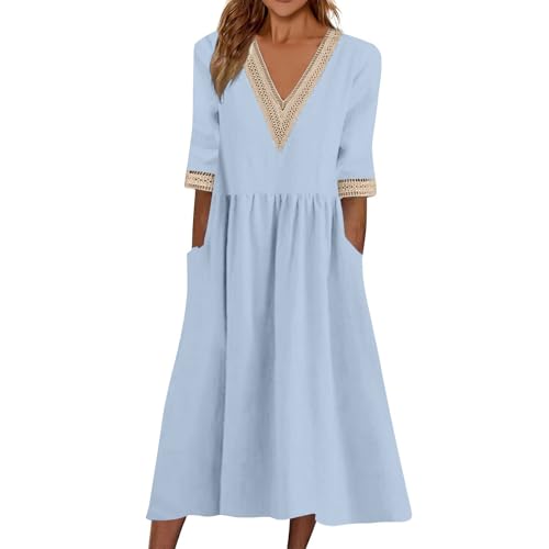 Kleid Damen Lang Sommer Boho Ibiza Kleider Halbarm V Ausschnitt Sommerkleid Damen Elegant A Linie Leinen Maxi Sommerkleider Leicht Und Luftig...