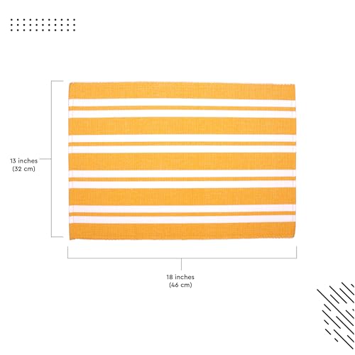 Image of Encasa XO Dining Table Mats Set of 6, 46x32 cm | Handmade Franca Yellow Stripes Ribbed Cotton Table Mat | Heat-Resistance Table Placemats, Non-Slip, Washable & Durable Place mat for Dining Table
