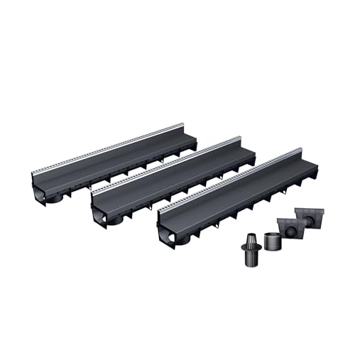 MEA Pack de 3 Caniveaux Extérieurs MEAPARK – Grille à Fente en PP Recyclé + Profil E-Blade B en INOX – Drainage Terrasse, Piscine, Jardin – Classe A15...