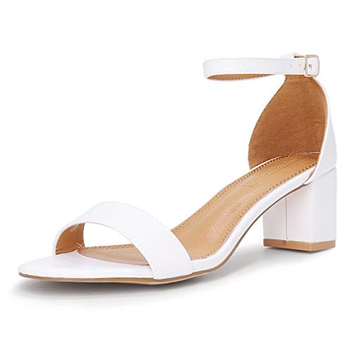 ShowHow Women’s Block Low Heel Ankle Strap Heeled Sandals Shoes Chunky Dress Office Heels White Pu 7 M US