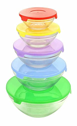 Lot de 5 bols de rangement en verre avec couvercles multicolores, passe au micro-ondes, au lave-vaisselle, au congélateur, au dessert, à salade, empilables, en verre, pour la préparation des repas Cover