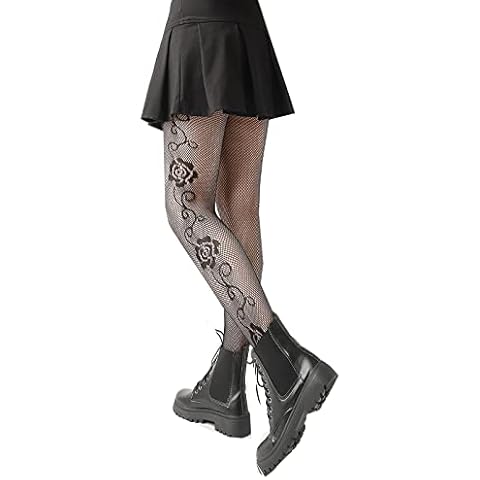 Gothic Footed Fishnet Tights Soft & Stretchy Partterned Fishnets Floral Pantyhose Thigh High Stocking For Women Legging for Teen Girls Gift (Black, One Size) Cover