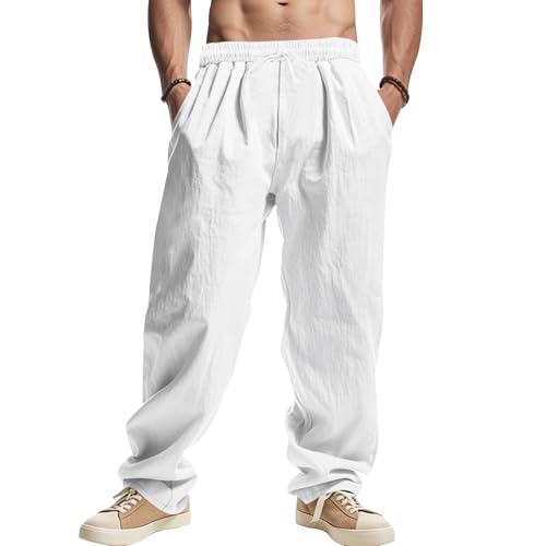 Mens Linen Pants Drawstring Baggy Casual Summer Trousers Straight-Legs Elastic Waist Beach Pants with Pockets 2025