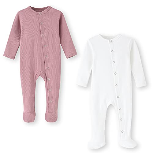 ACESTAR Newborn Baby Footed Pajamas with Mitten Cuffs - Cotton Snap-Up Baby Sleepers for Sleep and Play Footies 0-12 Months