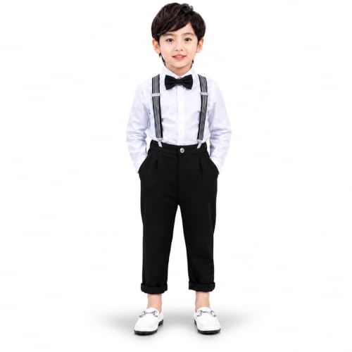 Image of SAGAR IMPEX Boys Cotton Blend Solid Full Sleeves Shirt and Pant Set with Suspender and Bow Tie | Clothing Set for Boys