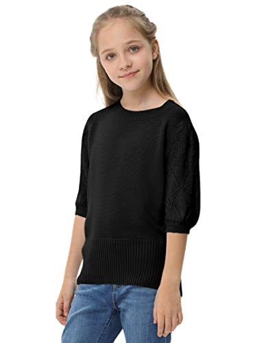 Girls Puff Short Sleeve Knit Sweaters Crewneck Pullover Sweater Kids Cute Fall Blouse Tops 5-14Y3