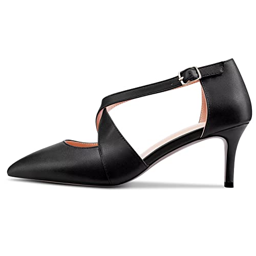 Saekcted Women Stiletto Mid Heel Pointed Toe Pumps Cross-Strap Buckle Wedding Cute 2.6 Inches Heels2