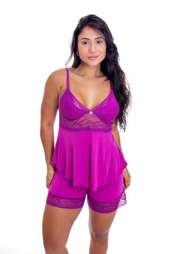 Pijama Short Doll Baby Doll IMI Lingerie Microfibra E Renda (Roxo, M)
