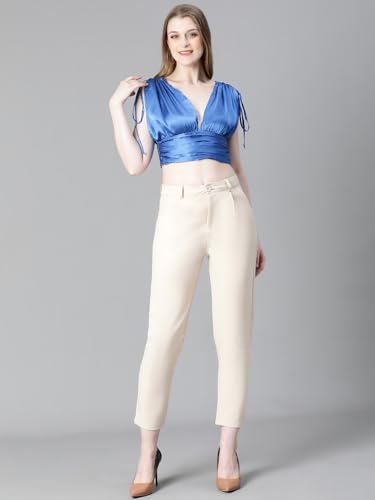 Image of oxolloxo Women Solid V-Neck Elasticated Tie-Up Satin Crop Top