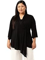 theRebelinme Plus Size Women's Black Solid Color Asymmetric Wrap Top(XXXXXL)
