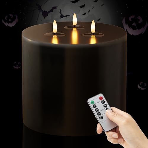 Image of Extra Large Black Flameless Candles with 3 Wicks, 6 inchx6 inch Real Wax Halloween Candles with Remote, Battery Operated Candle Flickering LED Candles Fake Candle for Halloween, Home, Party