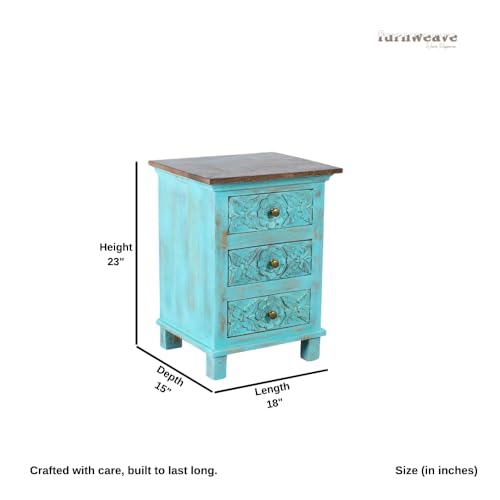 Image of Wooden Bedside Table for Bedroom | Solid Wood Phena Bedside Table with Drawers | Corner Side Table for Living Room | Traditional Handcrafted Furniture for Home Decor (Light Blue Distress)