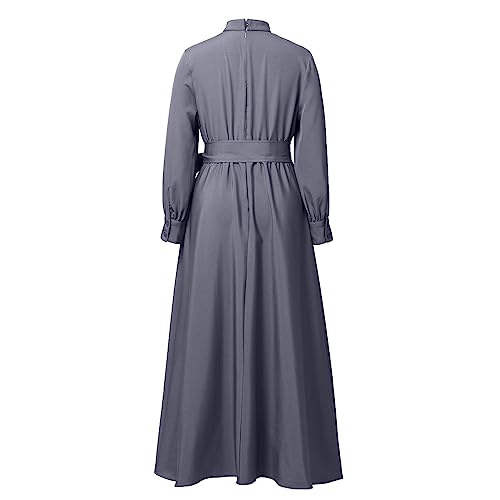 Image of CAMDOM Church Clergy Dress for Women Long Sleeve A Line Elegant Maxi Dress with Tab Insert Stand Collar and BeltA