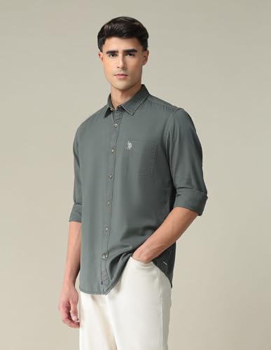 Image of U.S. POLO ASSN. Solid Slim Fit Shirts for Men - 100% Cotton, Full Sleeve Mens Casual Shirts