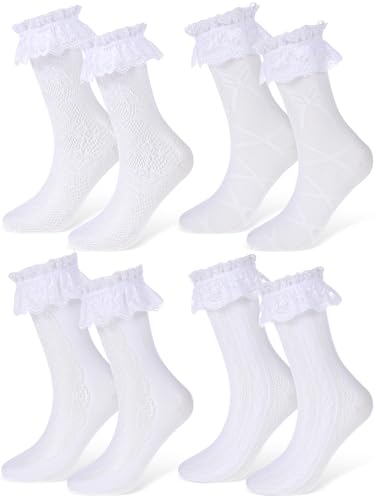 Geyoga 4 Pcs Womens Lace Ankle Socks Ruffle Frilly Socks Mesh Lace Trim Socks Lolita Socks Ankle High Socks for Women