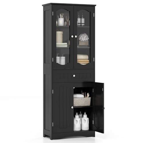 COSTWAY Armario Alto, Mueble Columna de Baño Independiente con 4 Puertas, Gabinete con 5 Estantes y 1 Cajón de Almacenamiento, Armario de Suelo para Cocina o Sala de Estar, Comedor, Oficina (Negro)