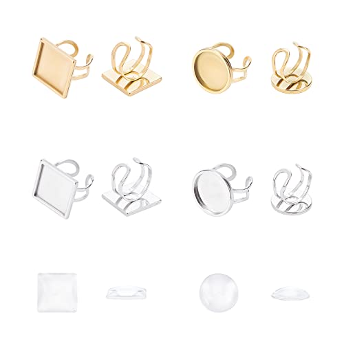 UNICRAFTALE 8 Sets 2 Colors 304 Stainless Steel Cuff Pad Ring Settings Square & Flat Round Tray Cuff Finger Rings Stainless Steel Bezel Rings with Transparent Glass Cabochons for DIY Ring Jewelry