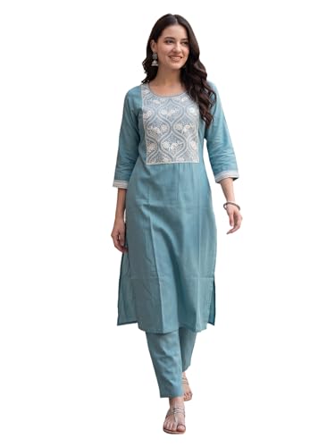 Image of INDO ERA Women's Silk Blend Geometric Embroidered Thread Work Kurta & Pant Set | Co Ord Set For Women Stylish