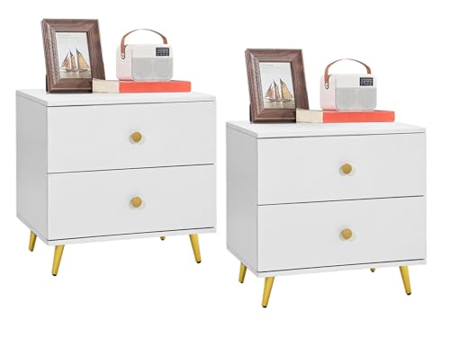 YITAHOME Juego de 2 mesitas de noche, mesitas auxiliares blancas con 2 cajones, mesita de noche de madera con patas de metal doradas, mesita de noche para dormitorio, 59 x 43 x 59 cm
