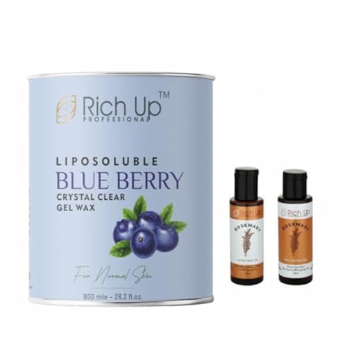 Rich Up Professional Liposoluble Blueberry Crystal Clear Gel Wax, Normal Skin, 800ml, Painless Hair Removal with Vitamin C | Get 60 ml After Wex Oil & Gel Free