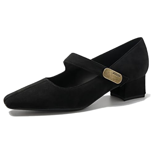 Women's Suede Square Toe Low Chunky Heel Mary Janes with Adjustable Hook and Loop Fashion Metal Accent Comfortable Block Heel Non-Slip Pumps for Wedding Party Dress Work