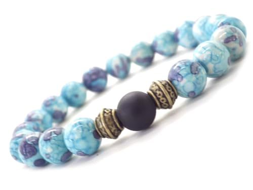 Bracelet homme en jade bleu véritable et perles tibétaines ciselées