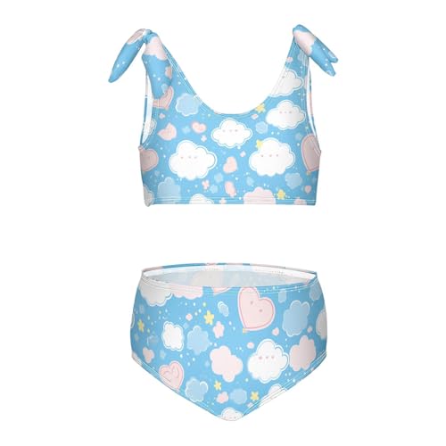 Clouds on Blue Background Girls' Two Piece Kids Bikini Set Scoop Neck Bathing Suit Swimwear Adjustable Shoulder Strap