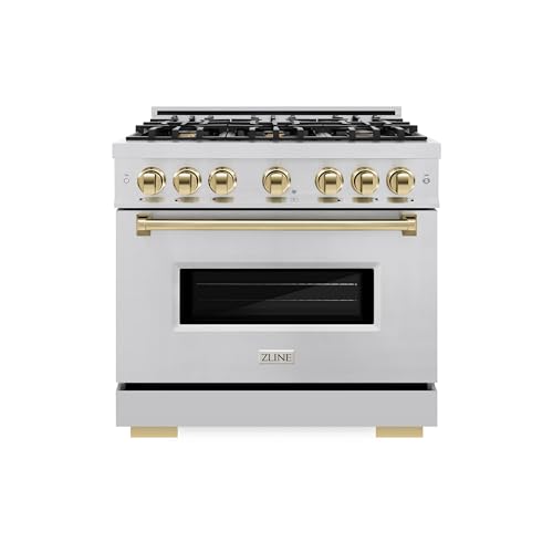 ZLINE Autograph Edition 36 in. 5.2 cu. ft. Classic Dual Fuel Range with 6 Burner Gas Cooktop and Electric Convection Oven in Stainless Steel with Polished Gold Accents (CDRZ-36-G)