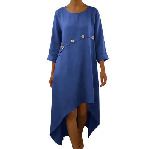 TURWXGSO Women's Midi Dress Round Neck 3/4 Sleeve Linen Dresses Solid Relaxed Fit Asymmetric Hem Casual Boho Dress Retro Flowy Sundresses Ladies Dresses for Summer Everyday Wear