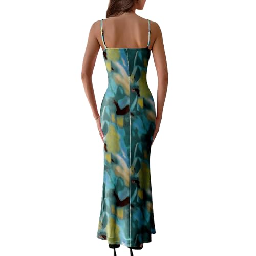 Image of Women's Spaghetti Strap Maxi Dress Floral Print Bodycon Long Dress Summer Beach Vacation Wedding Guest Outfits