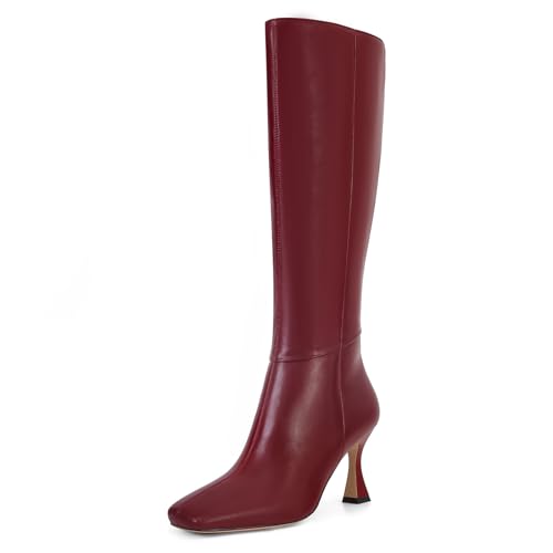 Image of Dsevht Black Leather Knee High Boots for Women Stiletto Kitten Heeled Sexy Boots Square Toe and Side Zipper Design Fashion Dress Boots