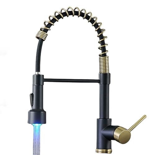 Robinet de cuisine extractible mitigeur noir et or G1/2 pour évier