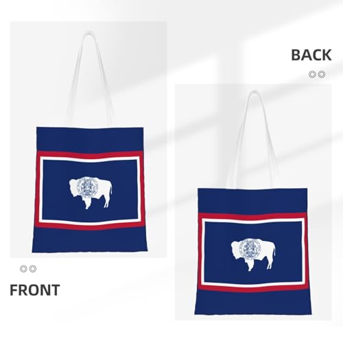 Wyoming State Flag Print Polyester Canvas Tote Bag, Shopping Bag With Reinforced Handles, Reusable3