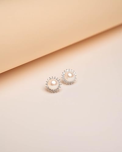 Women Pearl Stud Earrings, Fresh Water Cultured Pearls Button Shape 8-9 mm with Small Zirconia Stones Secret & You | Sterling Silver 925 Mounts with big nuts.3