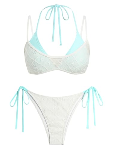 Image of ZAFUL Women's Polka Dot Bikini Set Double Layer Halter Swimsuit Colorblock Side Tie 2 Piece Bathing Suit