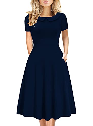 Image of Women's Elegant Vintage Dresses Knee Length Casual Floral Print Work Party Peter Pan Collar A-Line Dress with Pockets 978