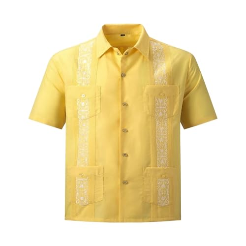 Chemises for hommes à manches courtes brodée jaune XXXL stretch 4 poches casual