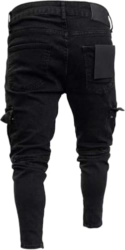 Men's Slim Fit Stretch Jeans Distressed Multi-Pockets Cargo Denim Pants Fashion Ripped Skinny Jeans for Men (Black-4,3X-Large)4